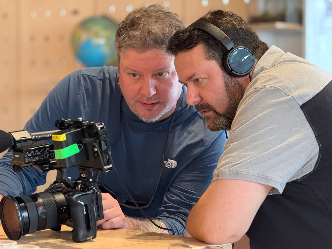 Jeff Irvin and Jason Levinson check the monitor