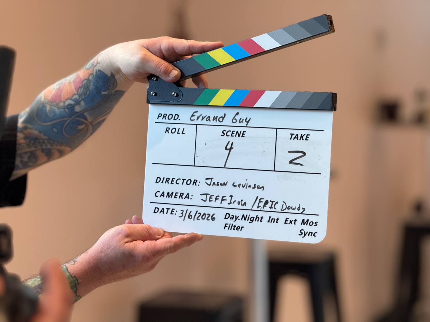 Slate reading Errand Guy, scene 4, take 2